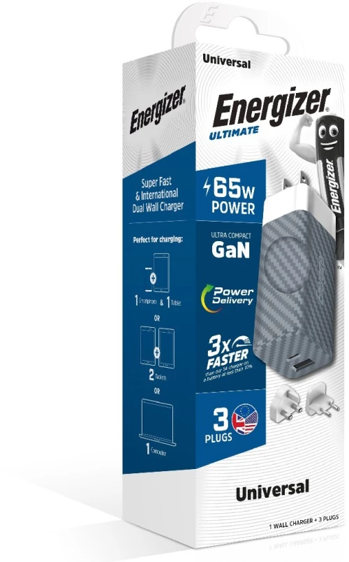 Φορτιστής Ταξιδίου Energizer A65mu Pd65w Γρήγορης Φόρτισης 1 X Usb-c 1 X Usb-a Eu / Uk / Us Ασημί Gan Tech