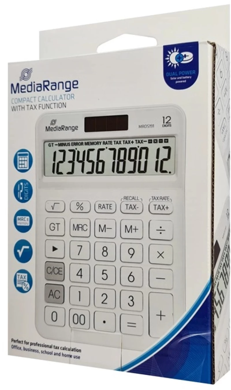 MEDIARANGE αριθμομηχανή MROS191 ηλιακό &amp μπαταρία 12 ψηφία λευκό