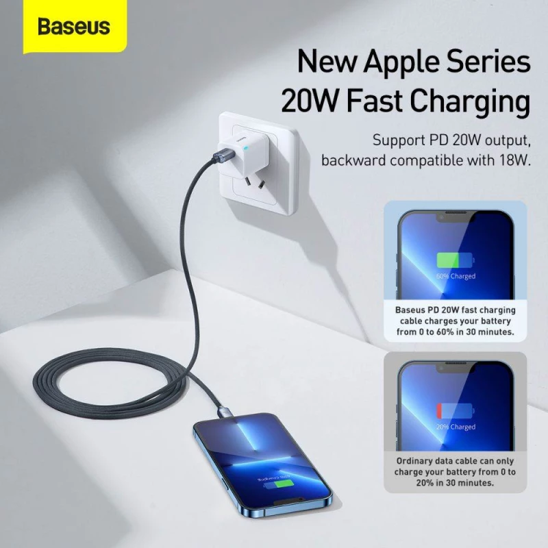 BASEUS CRYSTAL SHINE PD20W Καλώδιο Φόρτισης Συγχρονισμού TYPE-C σε LIGHTNING 2.0M - ΜΑΥΡΟ