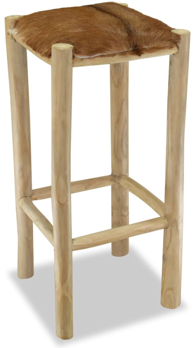 vidaXL Σκαμπό Μπαρ από Γνήσιο Δέρμα / Μασίφ Ξύλο Teak  Καφέ