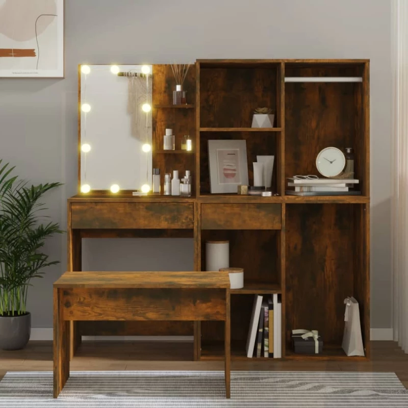 vidaXL Μπουντουάρ Σετ με LED Καπνιστή δρυς από Επεξεργασμένο Ξύλο N/A Καφέ