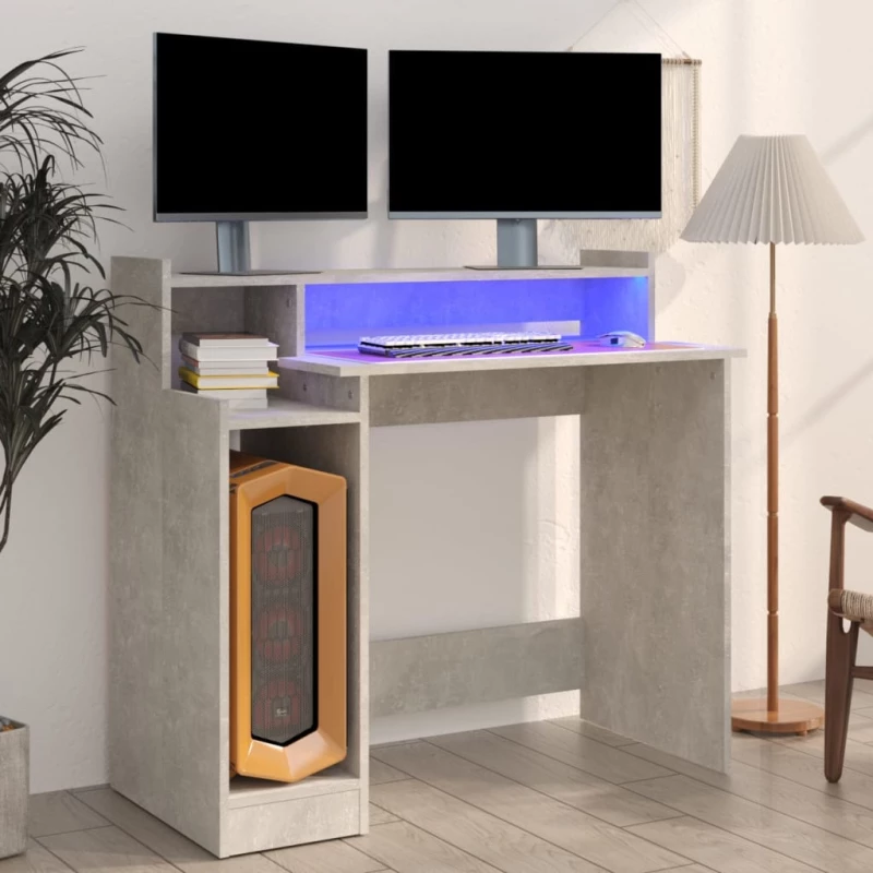 vidaXL Γραφείο με LED Γκρι Σκυρόδεματος 97x45x90 εκ. Επεξεργ. Ξύλο N/A Γκρι