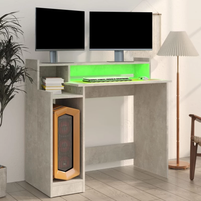vidaXL Γραφείο με LED Γκρι Σκυρόδεματος 97x45x90 εκ. Επεξεργ. Ξύλο N/A Γκρι