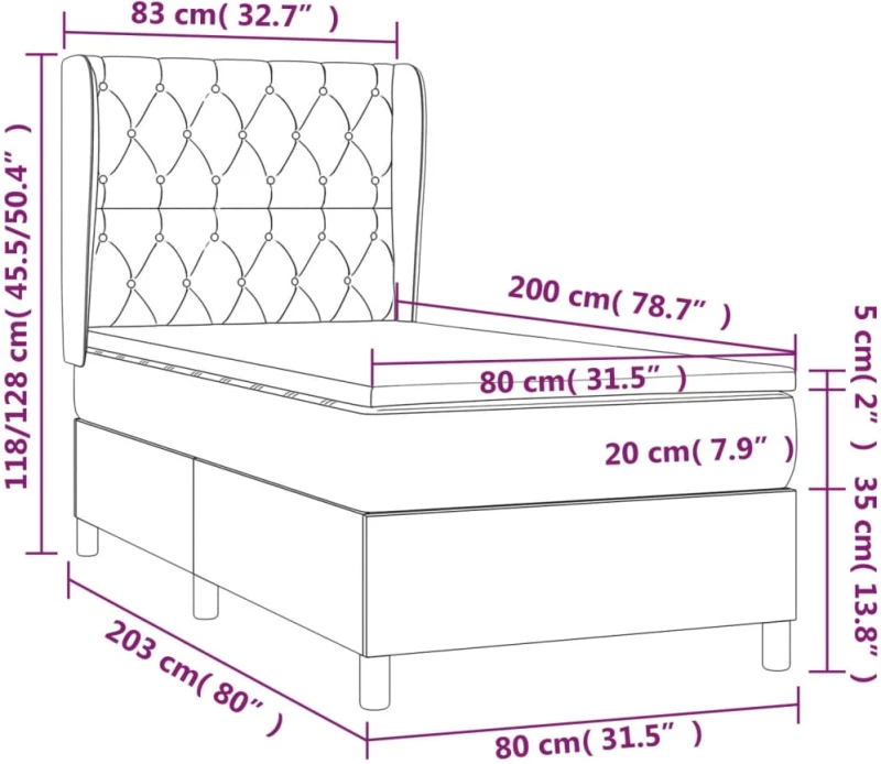 vidaXL Κρεβάτι Boxspring με Στρώμα Κρεμ 80 x 200 εκ. Υφασμάτινο 80 x 200 cm Κρεμ