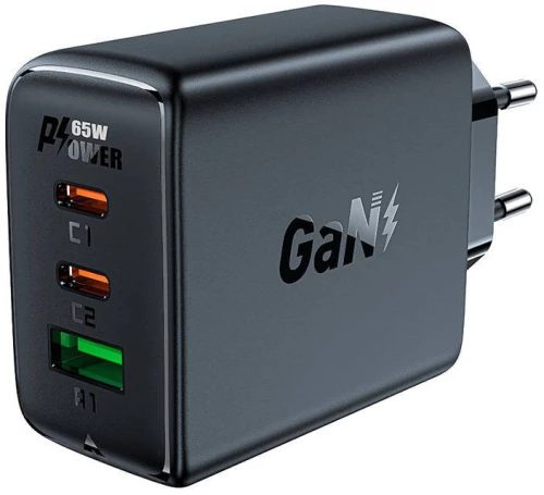 Acefast A41 wall charger, 2x USB-C + USB, GaN 65W (black)
