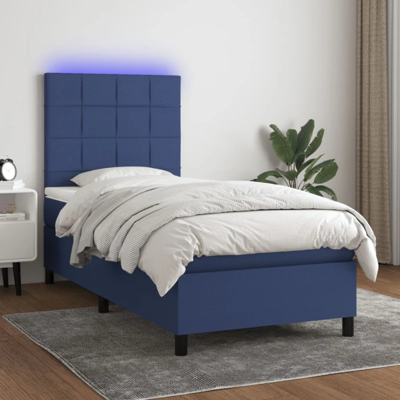 vidaXL Κρεβάτι Boxspring με Στρώμα & LED Μπλε 90x200 εκ. Υφασμάτινο 90 x 200 cm Μπλε