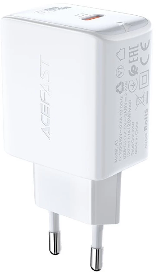 Φορτιστής Ταξιδίου Acefast A1 Fast Charging USB-C PD3.0 PD20W QC3.0 / QC2.0 5V / 2.4A Λευκός