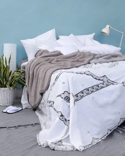 325131 Χειροποίητη Βαμβακερή Κουβέρτα Βελονάκι Dantela Beniz Bo Maison 240x280cm Super Υπέρδιπλη (240x280cm) Ασπρο