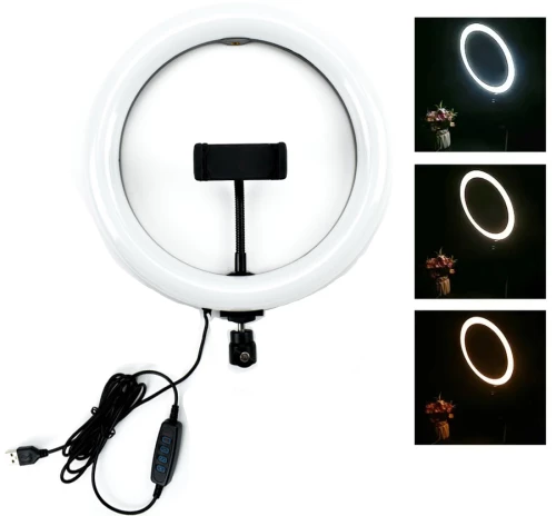 Φωτογραφικό Φωτιστικό Δαχτυλίδι LED 26cm USB με Ρυθμιζόμενο Θερμό & Ψυχρό Φωτισμό - Dimmer & Βάση Στήριξης Κινητού - Ring Light PU397B