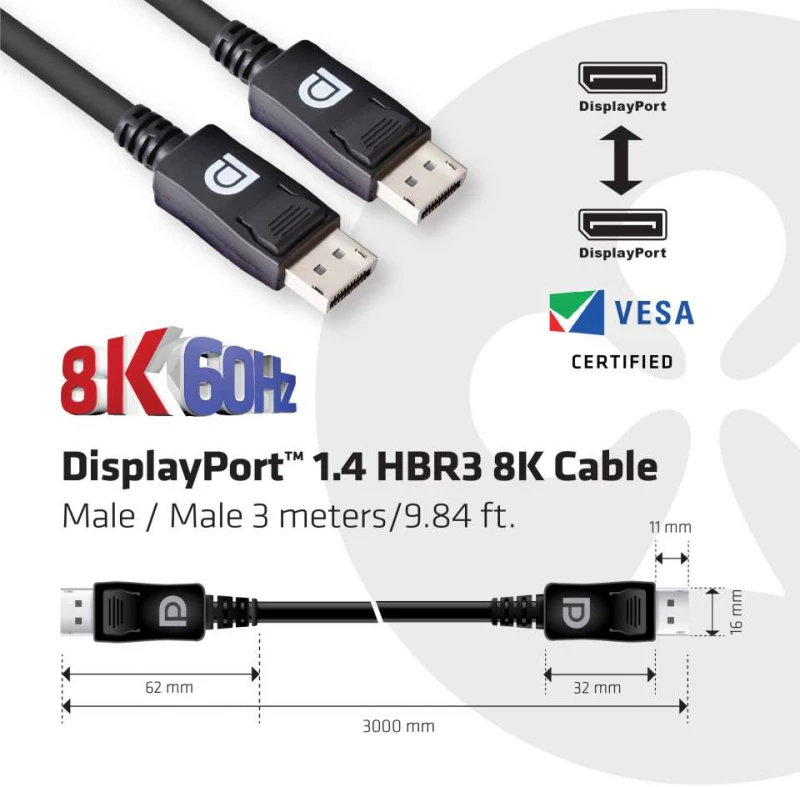 Καλώδιο DisplayPort Club 3D 1.4 HBR3 8K 28AWG M/M 3m /9.84ft