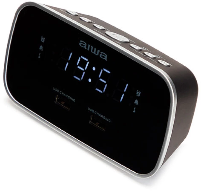 AIWA DUAL ALARM CLOCK RADIO WITH 2 CHARGING USB PORTS BLACK