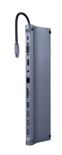 Gembird A-CM-COMBO11-01 USB Type-C 11-in-1 multi-port adapter (USB hub + HDMI + VGA + PD + card reader + LAN + 3.5 mm audio), space grey