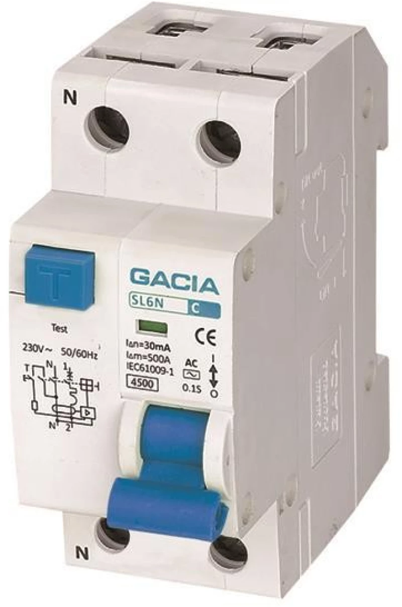 ΡΕΛΕ RCBO ΔΙΠΟΛΙΚΟ 10A 4,5kA 30mA 1P+N GACIA TYPE AC - (500-43501)