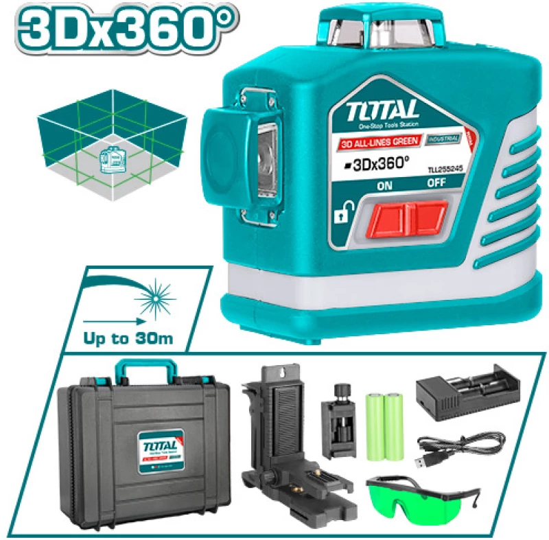 TOTAL Αλφάδι LASER 3D Αυτο-Οριζοντιούμενο με πράσινες ακτίνες (TLL255245)