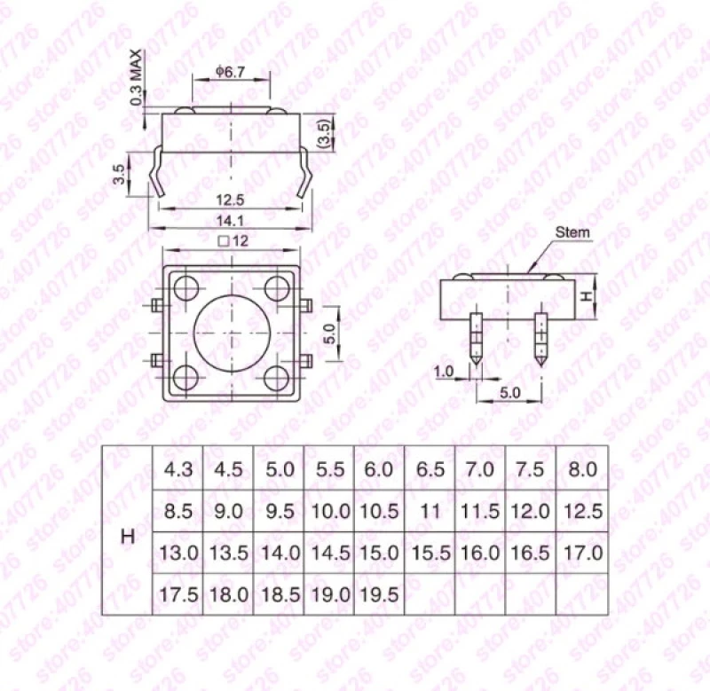 SMD Tact Μικροδιακόπτης 4 Pin DC 12V 0.5A (12x12x15mm) (OEM)