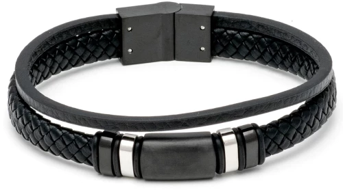 Βραχιόλι Ανδρικό με Δέρμα και Ατσάλι 316L σε Ασημί και Μαύρο Χρώμα / Μήκος 21 cm / Φάρδος 12,20 mm / VISETTI / 21C-BR002B