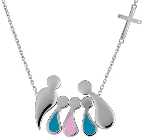 Κολιέ Οικογένεια ( Μπαμπάς, Μαμά, 2 Αγόρια, 1 Κορίτσι, Σταυρός ) σε Ασήμι 925 με Επιπλατίνωμα / VERORAMA / AK-50695V1BGBL