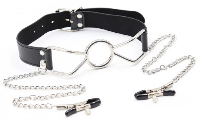 Large metal Mouth gag O-Ring Ø 4.5 cm with nipple clamps