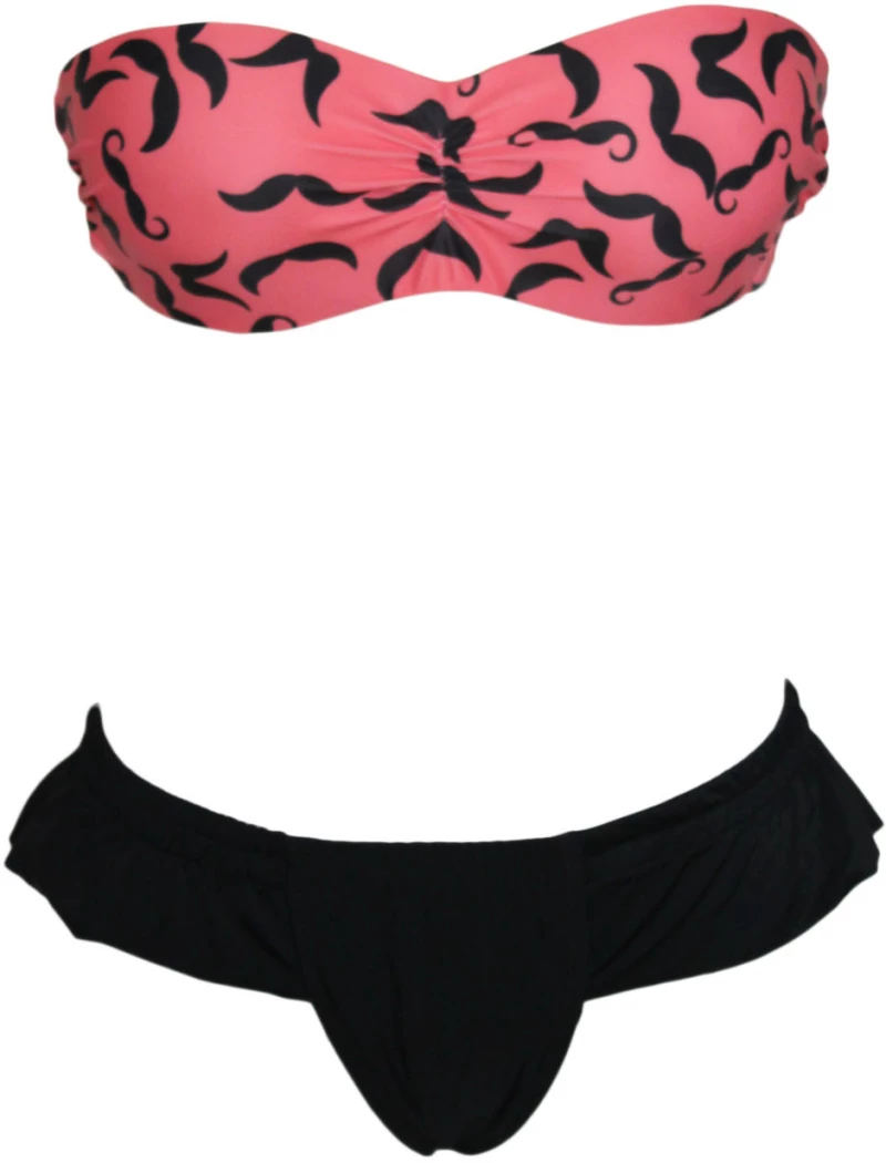 Chic Mustache Print Push Up Bandeau Bathing Suit