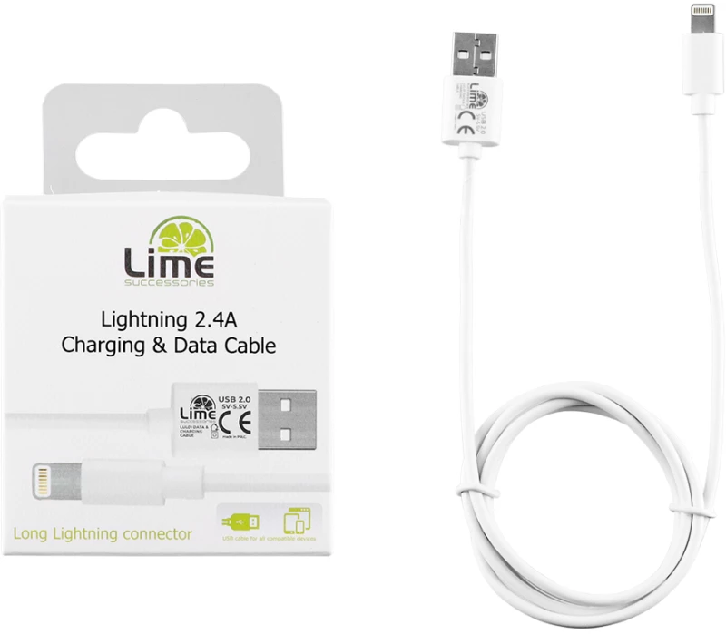 LIME LIGHTNING LONG USB 2.4A ΦΟΡΤΙΣΗΣ-DATA 1m LUL01 WHITE LIME SUCCESSORIES UNIVERSAL Lightning 'Ασπρο Ναι 1.0m USB 2.0