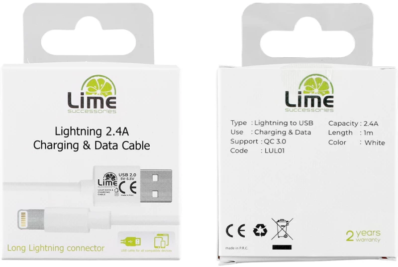 LIME LIGHTNING LONG USB 2.4A ΦΟΡΤΙΣΗΣ-DATA 1m LUL01 WHITE LIME SUCCESSORIES UNIVERSAL Lightning 'Ασπρο Ναι 1.0m USB 2.0