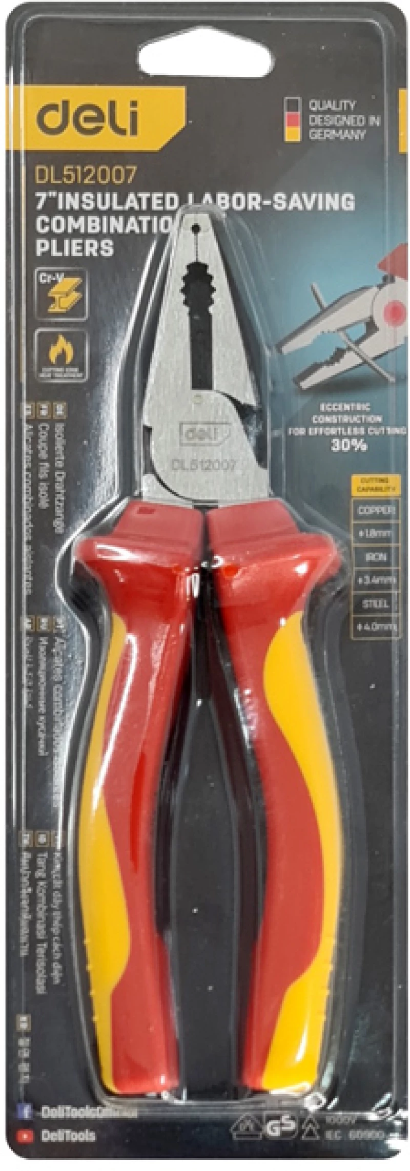 DELI πένσα ίσια ηλεκτρολόγου DL512007  μόνωση VDE 1000V  18cm