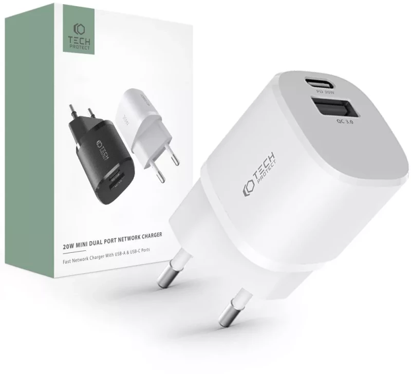 Tech-Protect C20W mini 2-Port Charger PD20W/QC3.0 White