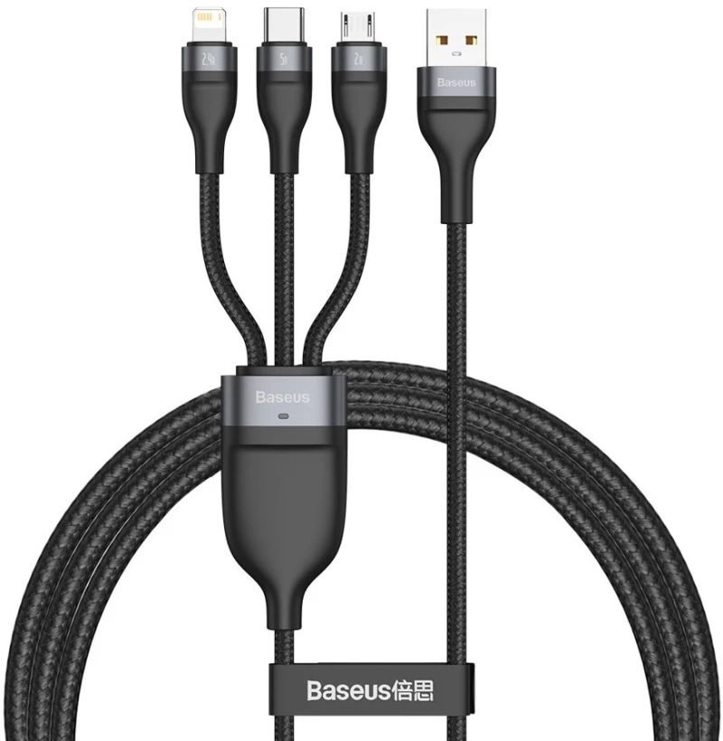 Baseus Cablu de Date USB la Lightning, Micro-USB, Type-C 66W, 1.2m - Baseus Flash Series (CA1T3-G1) - Gray 6953156229822