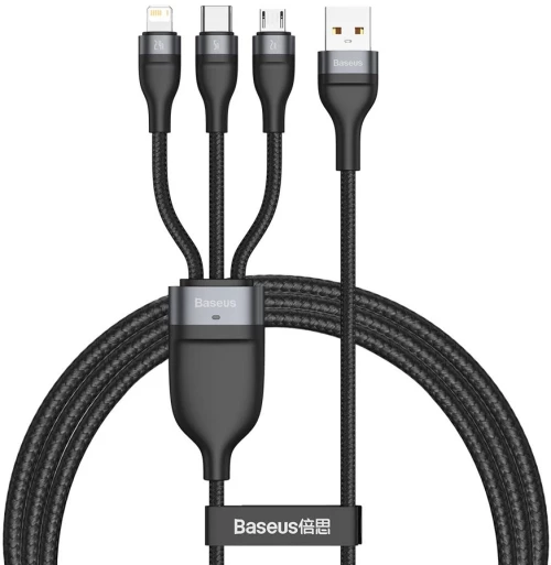 Baseus Cablu de Date USB la Lightning, Micro-USB, Type-C 66W, 1.2m - Baseus Flash Series (CA1T3-G1) - Gray 6953156229822