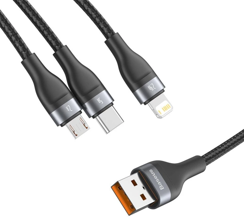 Baseus Cablu de Date USB la Lightning, Micro-USB, Type-C 66W, 1.2m - Baseus Flash Series (CA1T3-G1) - Gray 6953156229822