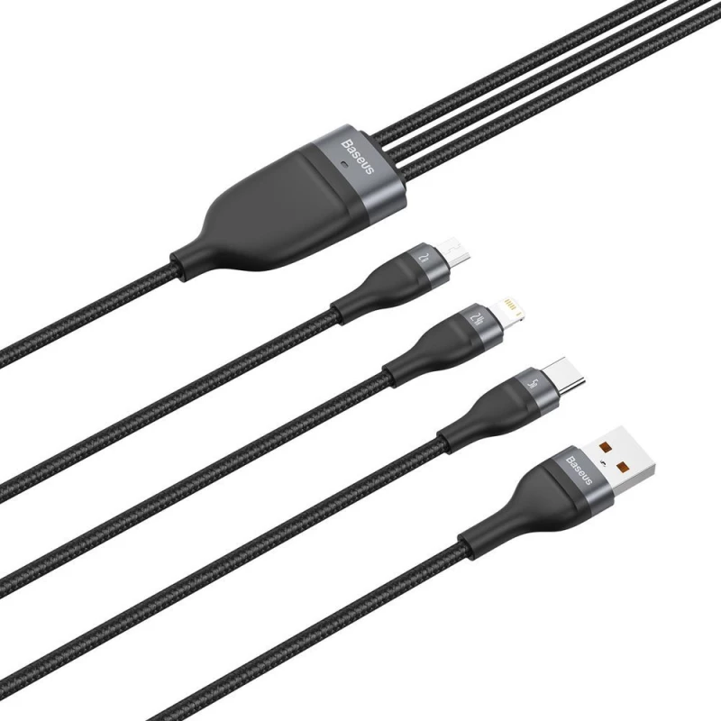 Baseus Cablu de Date USB la Lightning, Micro-USB, Type-C 66W, 1.2m - Baseus Flash Series (CA1T3-G1) - Gray 6953156229822