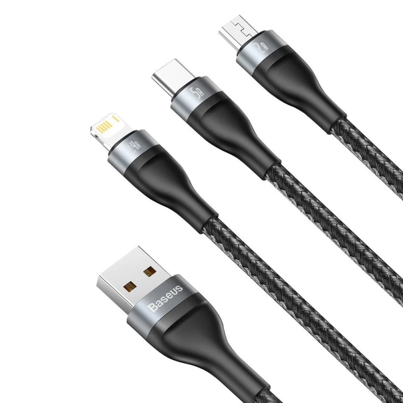 Baseus Cablu de Date USB la Lightning, Micro-USB, Type-C 66W, 1.2m - Baseus Flash Series (CA1T3-G1) - Gray 6953156229822