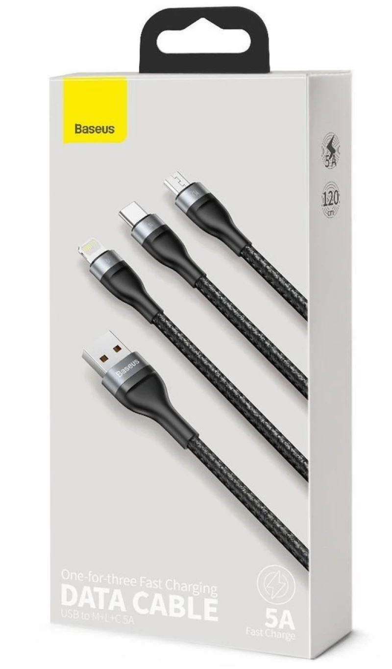 Baseus Cablu de Date USB la Lightning, Micro-USB, Type-C 66W, 1.2m - Baseus Flash Series (CA1T3-G1) - Gray 6953156229822