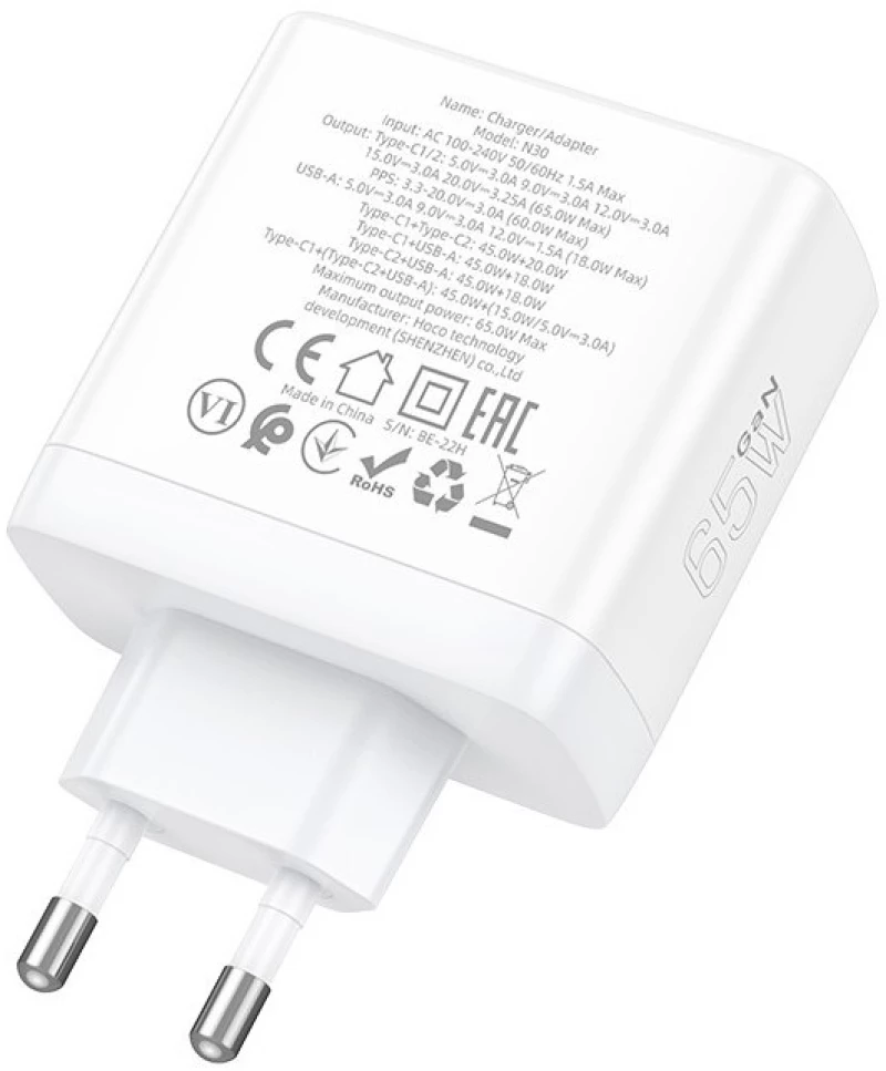 Φορτιστής Ταξιδίου Hoco N30 Glory Fast Charging PD65W QC3.0 2xUSB-C και 1xUSB 5V/3A Λευκός GaN Tech