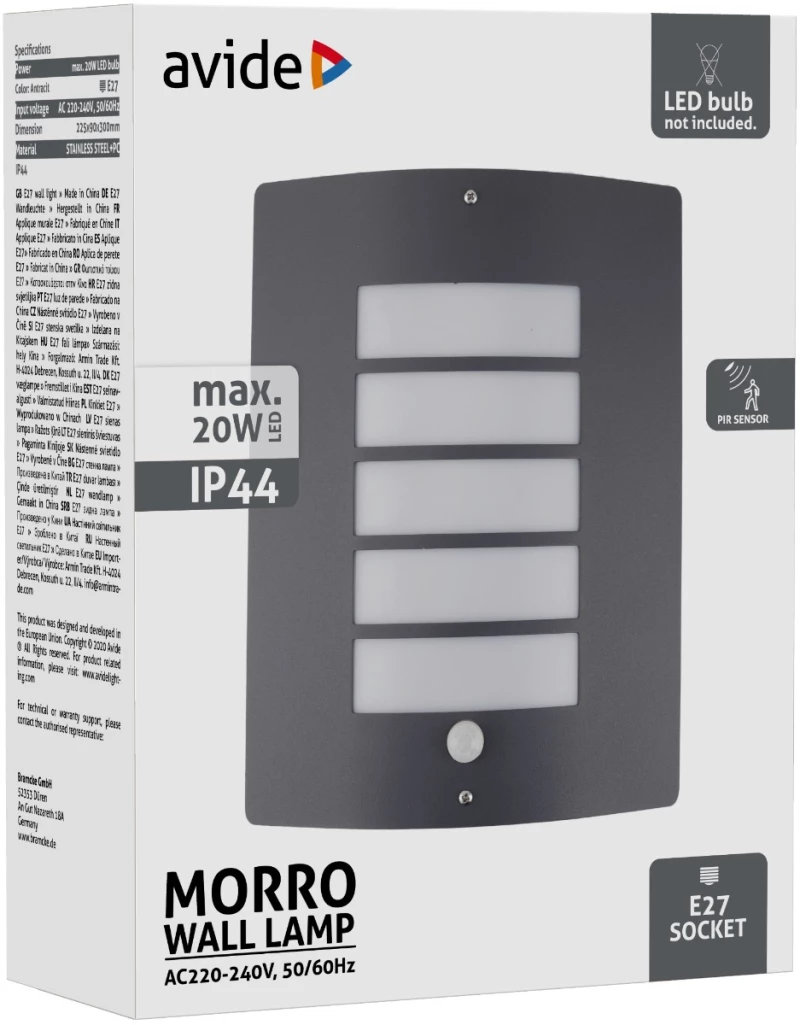Avide Outdoor Wall Lamp Morro 1xE27 PIR IP44 Antracit