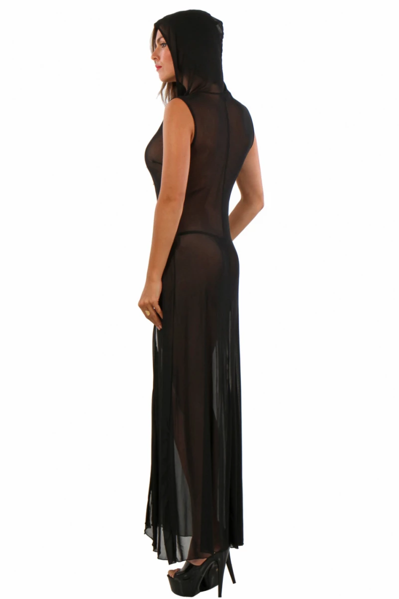 Long negligee in fine fishnet, with hood -BLACK