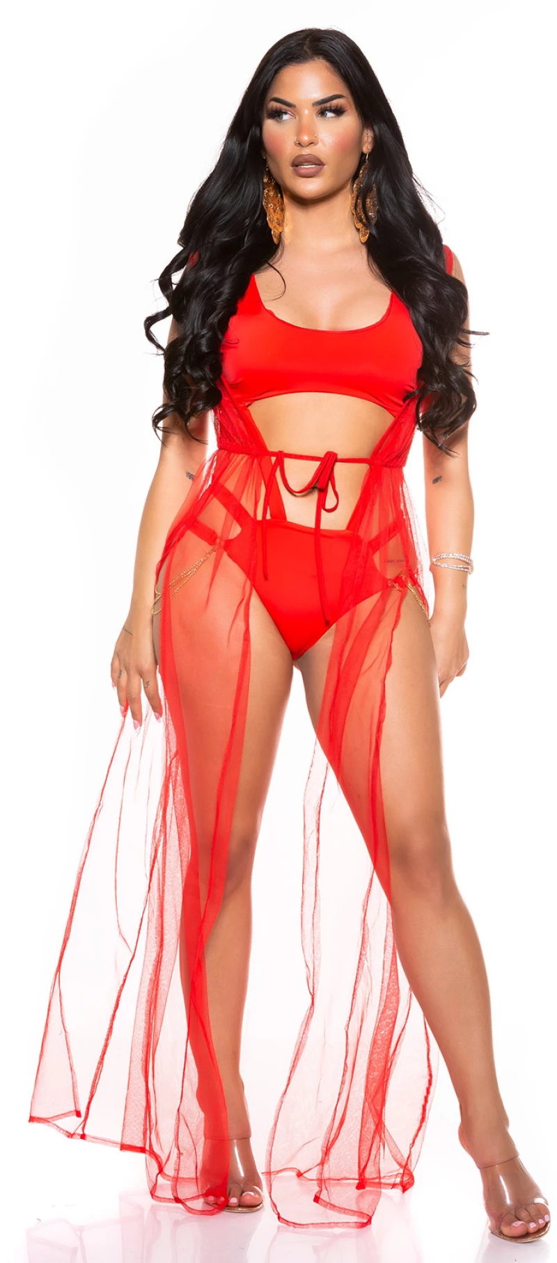 SEXY MESH COVER UP WITH DRAWSTRING WAIST RED