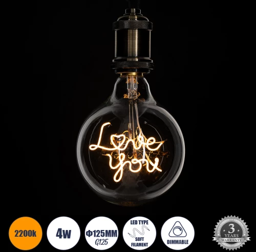 GloboStar® 99261 Λάμπα LED Ultra Thin Soft S Spiral Letter Filament E27 G125 LOVE YOU Γλόμπος 4W 340lm 360° AC 220-240V IP20 Φ12.5 x Υ18cm Ultra Θερμό Λευκό 2200K με Διάφανο Γυαλί - Dimmable - 3 Years Warranty