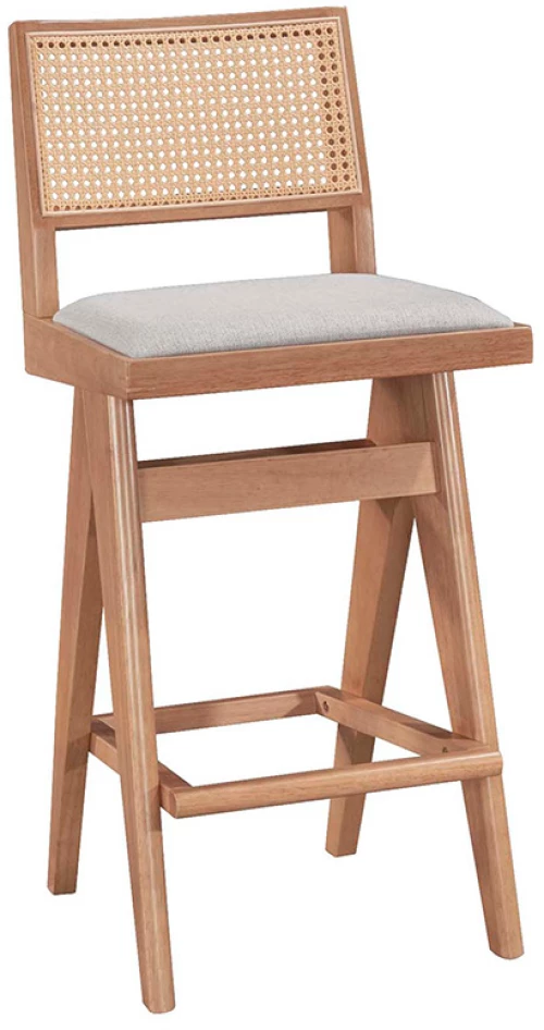 Σκαμπό bar Winslow pakoworld ξύλο rubberwood ανοικτό καρυδί-pvc rattan φυσικό-ύφασμα γκρι