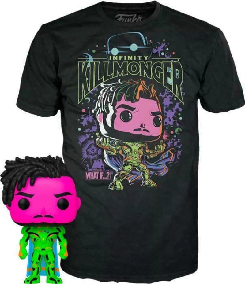 Funko Pop!  Tee (Adult): Marvel What If...? - Infinity Killmonger (Blacklight) (Special Edition) Bobble-Head Vinyl Figure  T-Shirt (S)