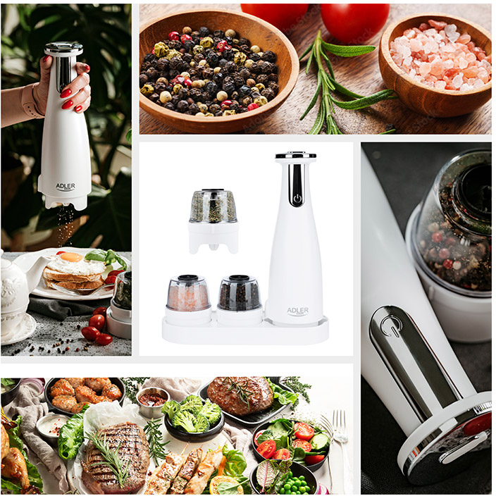 Σετ Ηλεκτρικός Μύλος Μπαχαρικών με Βάση 3 τμχ Χρώματος Λευκό Adler AD-4449w