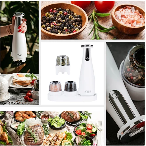 Σετ Ηλεκτρικός Μύλος Μπαχαρικών με Βάση 3 τμχ Χρώματος Λευκό Adler AD-4449w