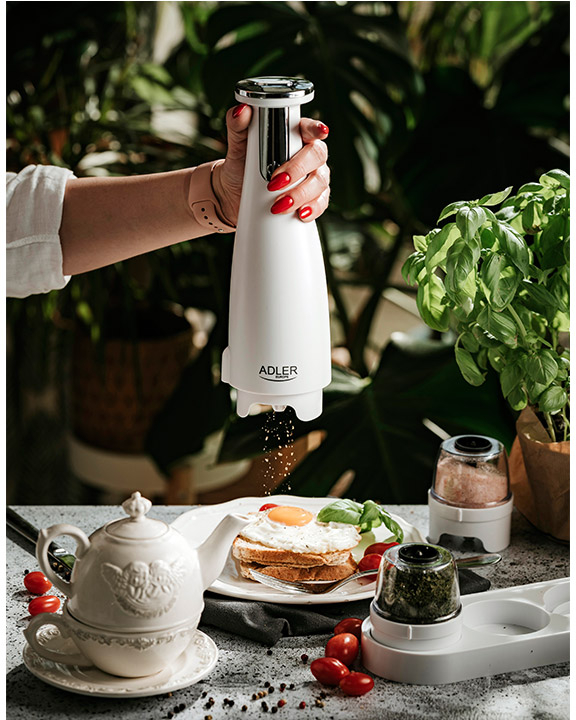 Σετ Ηλεκτρικός Μύλος Μπαχαρικών με Βάση 3 τμχ Χρώματος Λευκό Adler AD-4449w
