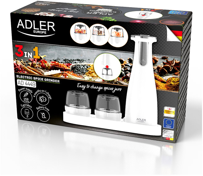 Σετ Ηλεκτρικός Μύλος Μπαχαρικών με Βάση 3 τμχ Χρώματος Λευκό Adler AD-4449w