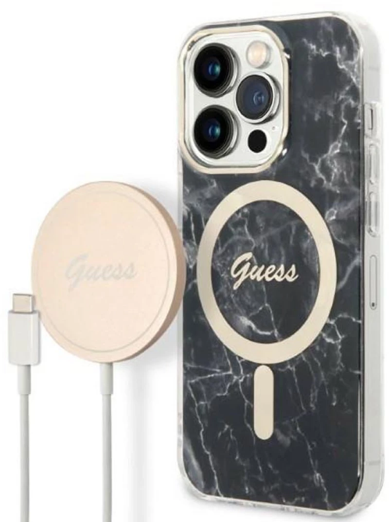 Guess Bundle Pack MagSafe IML Marble - Set of case for iPhone 14 Pro Max + MagSafe charger (Black/Gold)