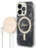 Guess Bundle Pack MagSafe IML Marble - Set of case for iPhone 14 Pro Max + MagSafe charger (Black/Gold)
