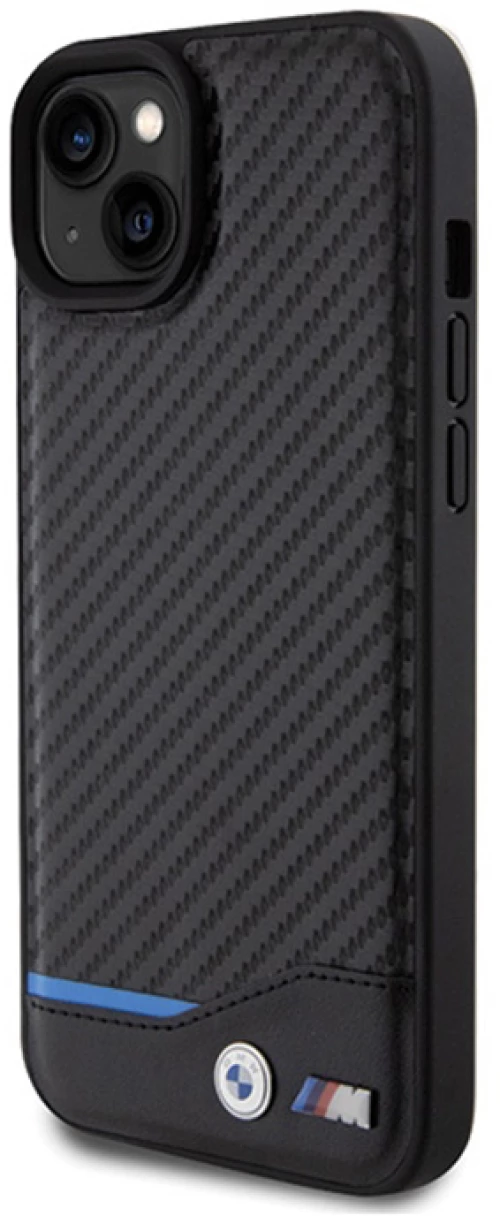 BMW Leather Carbon Blue Line - Case for iPhone 15 Plus (black)