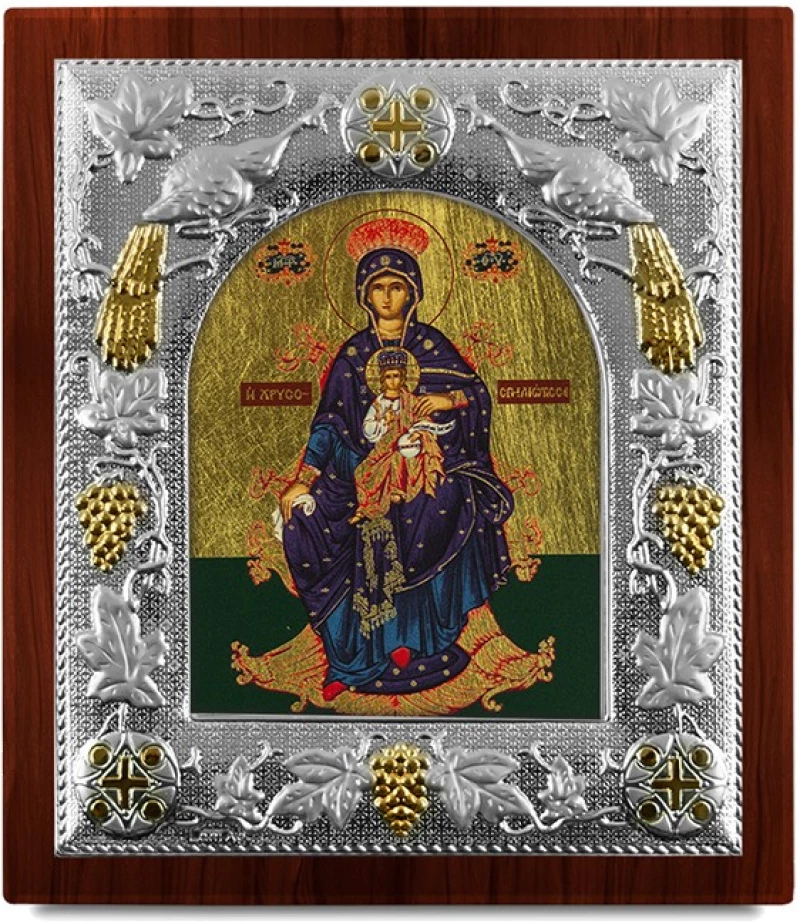 Ασημένια εικόνα ΠΑΝΑΓΙΑ ΧΡΥΣΟΣΠΗΛΙΩΤΙΣΣΑ-ΑΓΙΟΓΡΑΦΙΑ  27x24cm