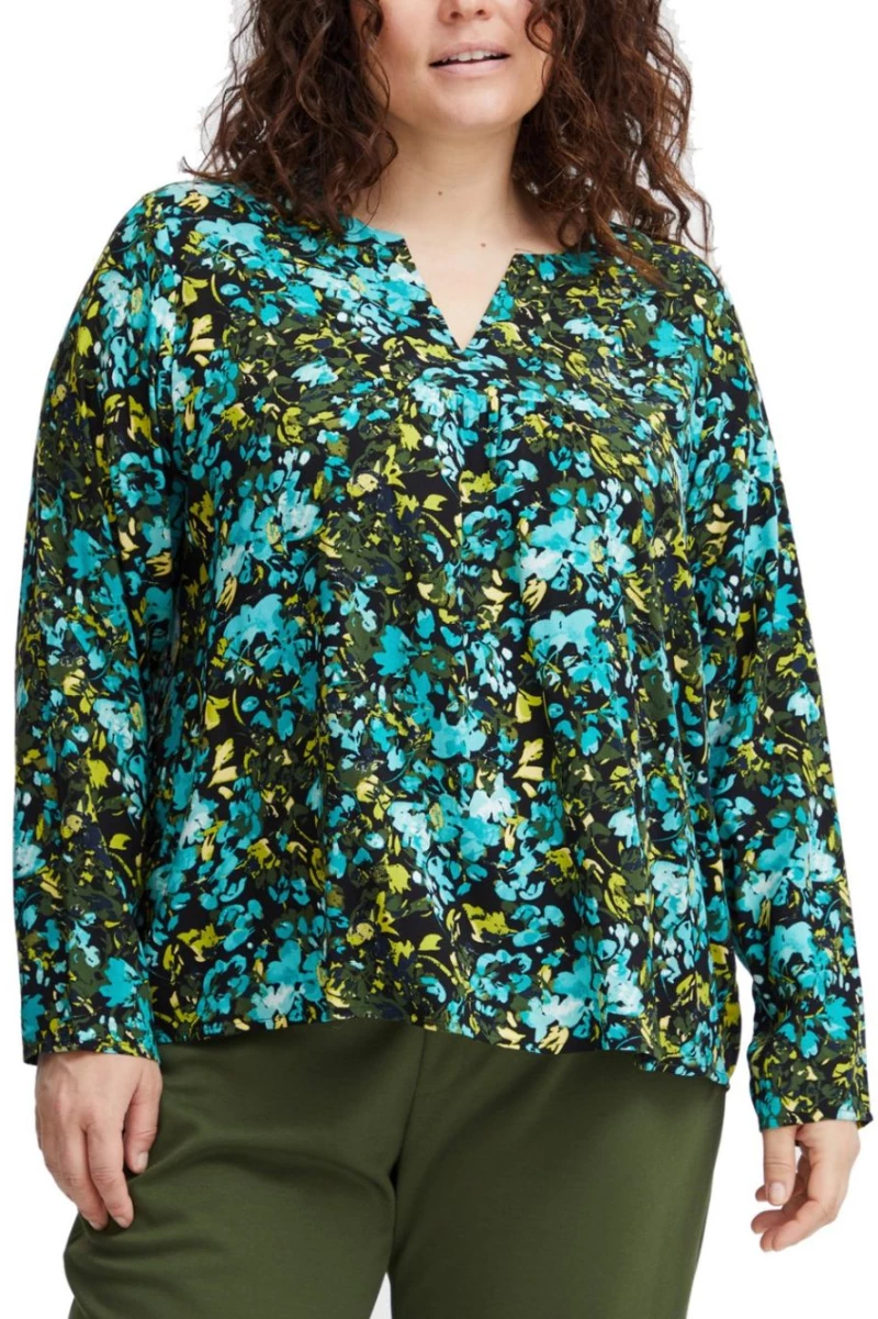 FRANSA Plus Size Γυναικεία εμπριμέ μακρυμάνικη μπλούζα V 20612854-202497