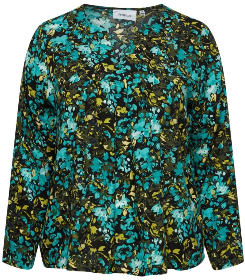 FRANSA Plus Size Γυναικεία εμπριμέ μακρυμάνικη μπλούζα V 20612854-202497